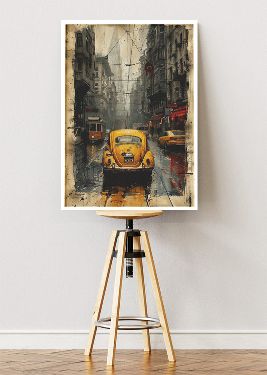 Volkswagen Beetle Rainy City Art Poster & Canvas Print – Vintage VW Beetle Urban Wall Art