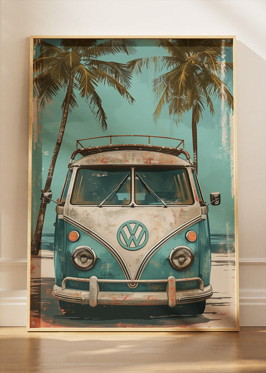 Volkswagen Camper Van Beach Art Poster & Canvas Print – Vintage Surf Bus Coastal Wall Decor