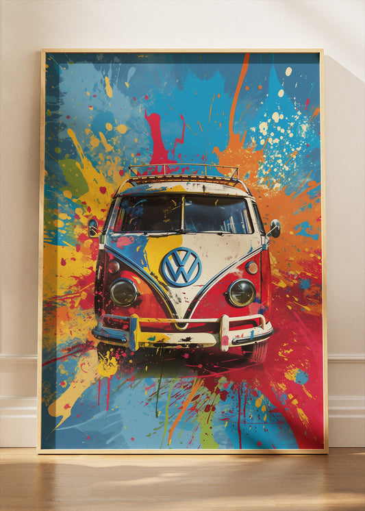 Volkswagen Camper Van Color Splash Art Poster & Canvas Print – Retro VW Bus Wall Art