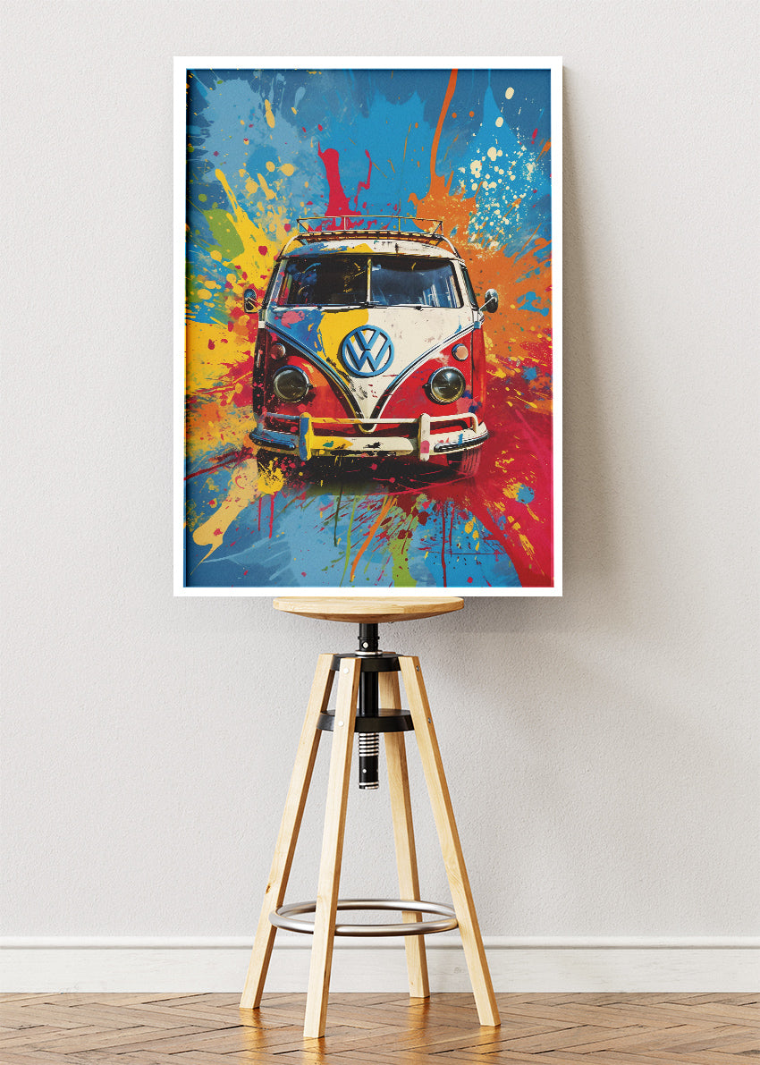 Volkswagen Camper Van Color Splash Art Poster & Canvas Print – Retro VW Bus Wall Art