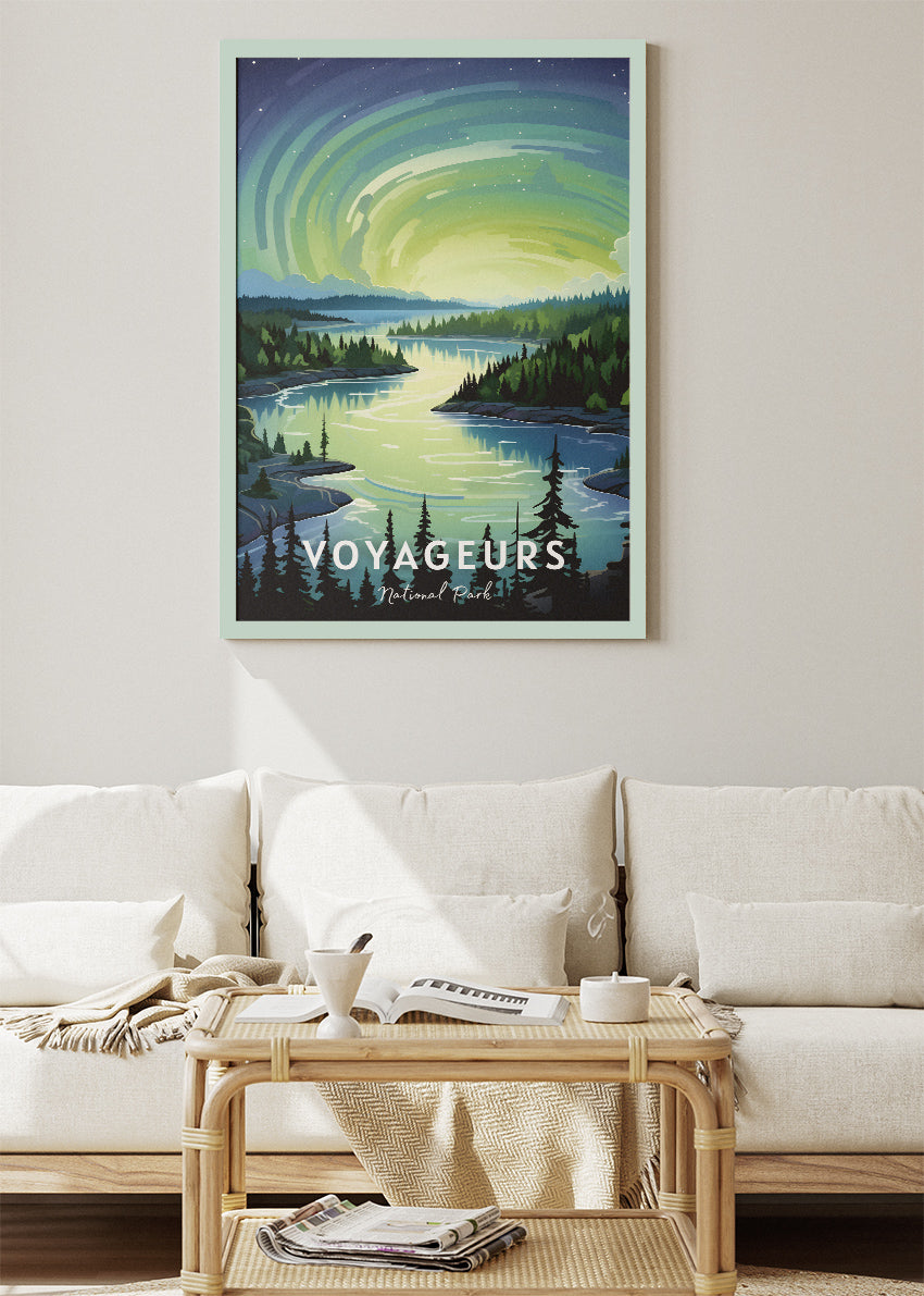 Voyageurs National Park Poster & Canvas Print – Illustrated Northern Lights Lakeview Wall Art