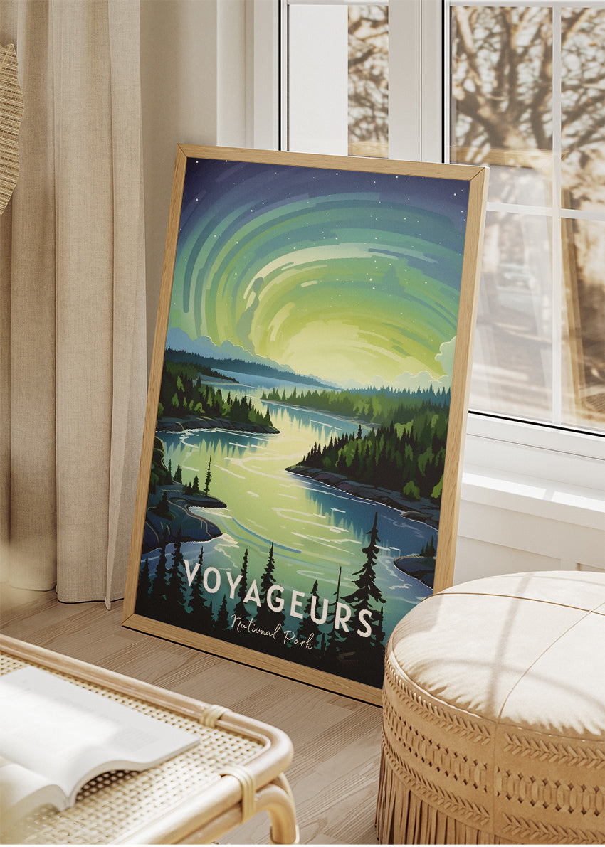Voyageurs National Park Poster & Canvas Print – Illustrated Northern Lights Lakeview Wall Art