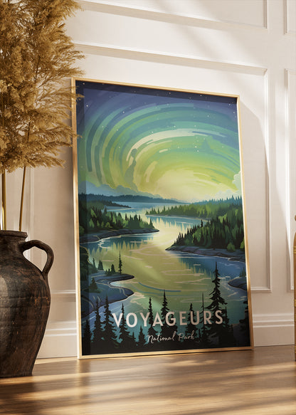 Voyageurs National Park Poster & Canvas Print – Illustrated Northern Lights Lakeview Wall Art