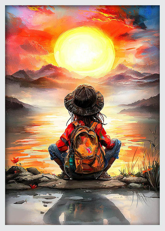 Wanderer at Sunset – Whimsical Backpack Adventure Canvas & Poster Wall Art – T1076 – AiPrintLab