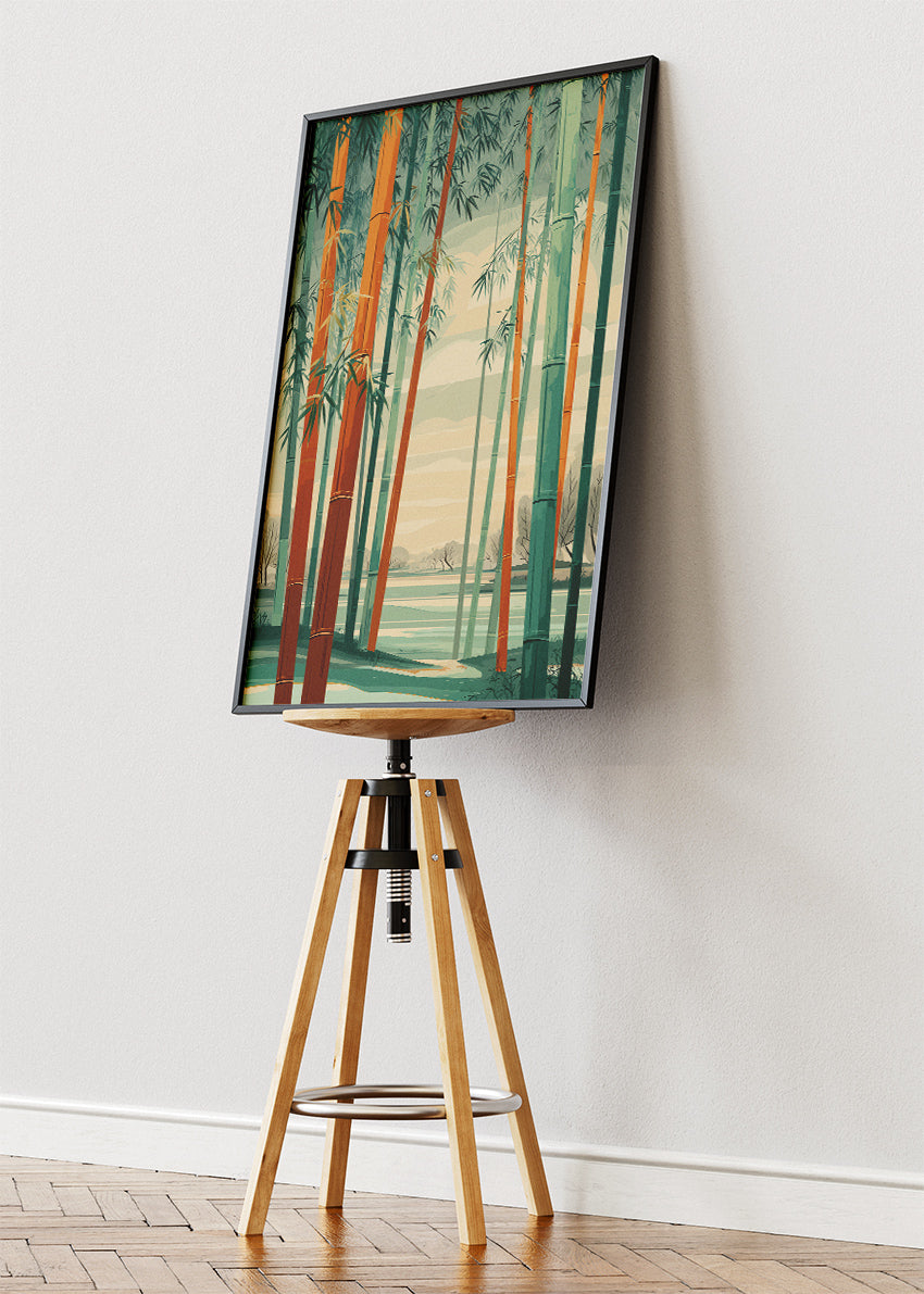 Warm Bamboo Forest Wall Art – Green & Terracotta Japandi Canvas Print | Vertical Nature Poster