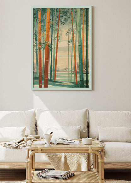 Warm Bamboo Forest Wall Art – Green & Terracotta Japandi Canvas Print | Vertical Nature Poster