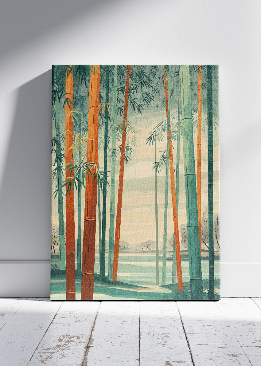 Warm Bamboo Forest Wall Art – Green & Terracotta Japandi Canvas Print | Vertical Nature Poster