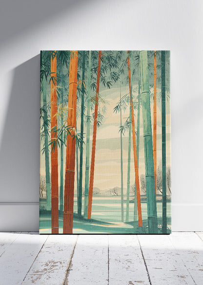 Warm Bamboo Forest Wall Art – Green & Terracotta Japandi Canvas Print | Vertical Nature Poster