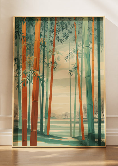 Warm Bamboo Forest Wall Art – Green & Terracotta Japandi Canvas Print | Vertical Nature Poster