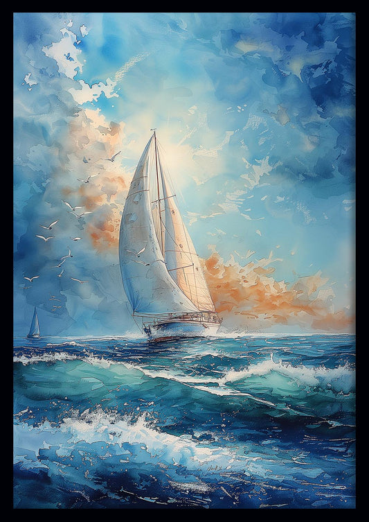 Watercolor Sailboat at Sea – Serene Ocean Horizon Canvas & Poster Wall Art – T1059 – AiPrintLab