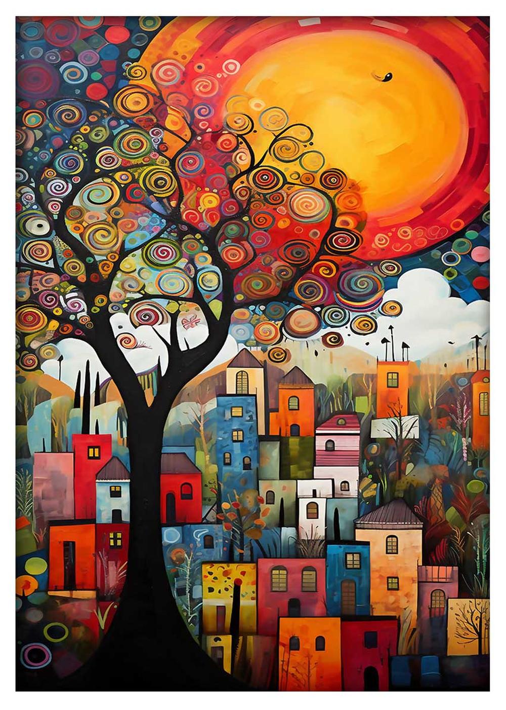 Whimsical Abstract Tree & Colorful Village Art Print & Canvas – T749 – AiPrintLab
