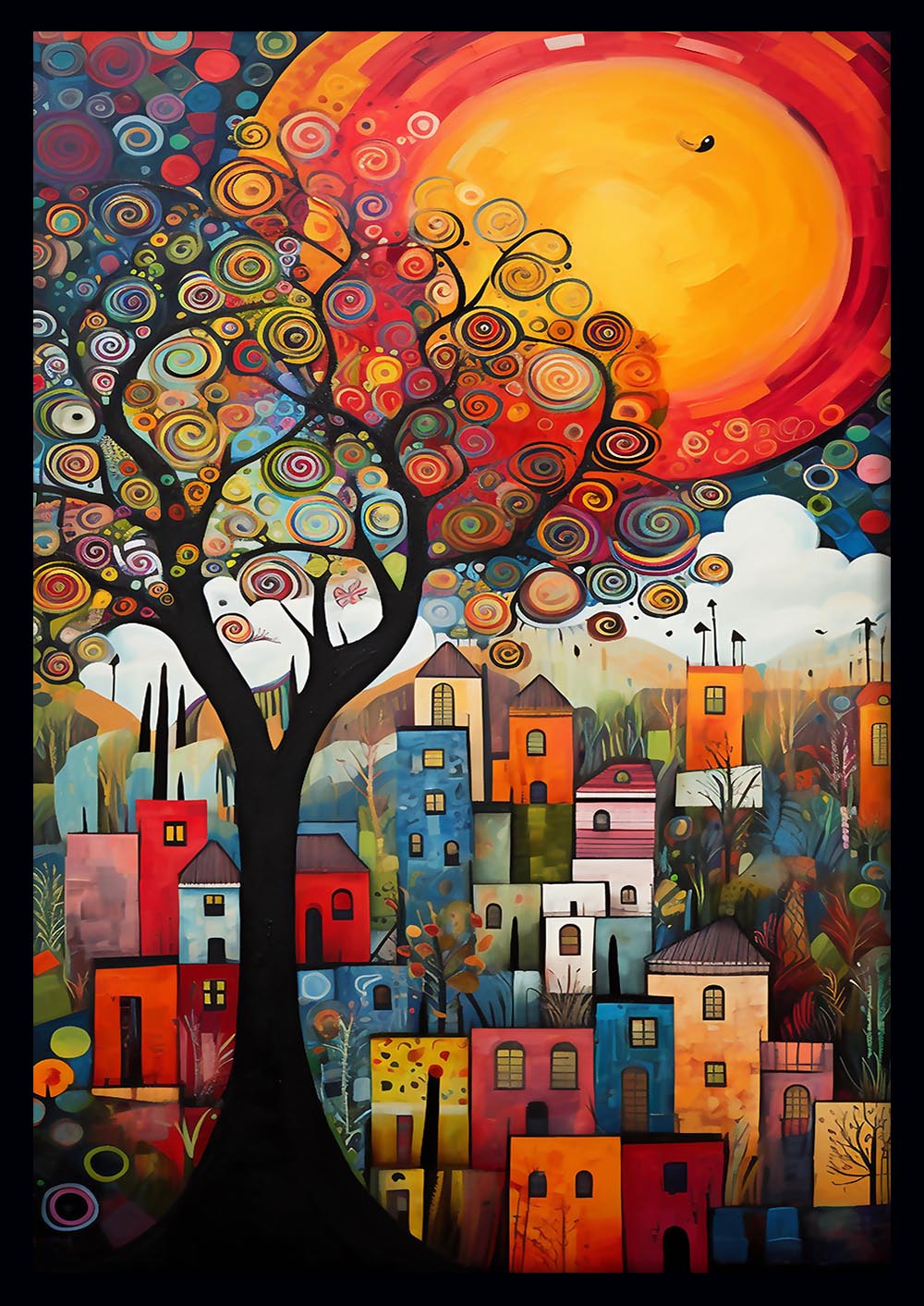 Whimsical Abstract Tree & Colorful Village Art Print & Canvas – T749 – AiPrintLab