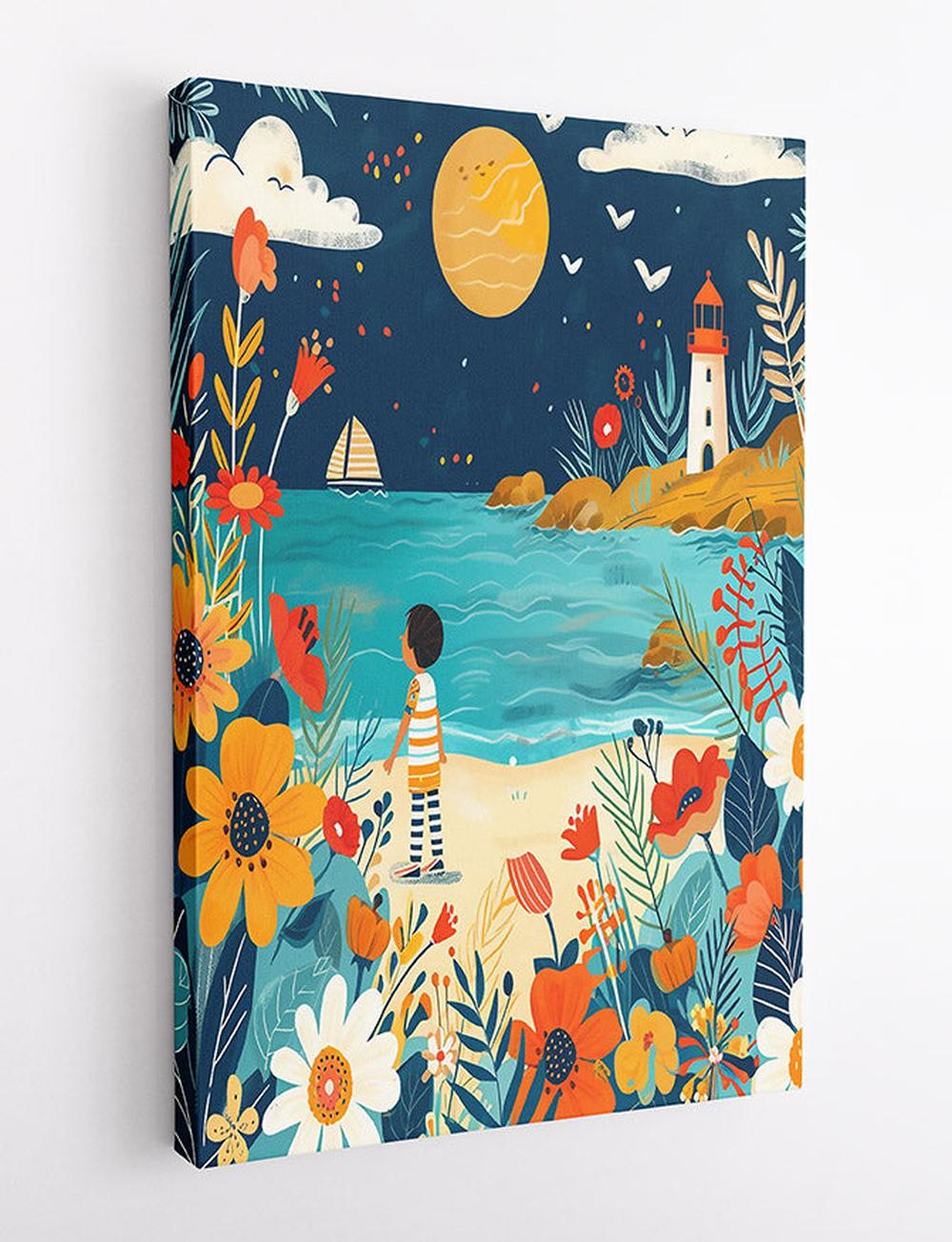Whimsical Beach Scene with Lighthouse Canvas Art & Poster – T702 – AiPrintLab