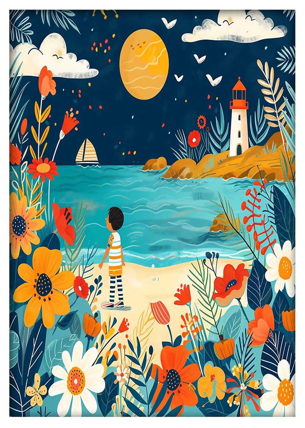 Whimsical Beach Scene with Lighthouse Canvas Art & Poster – T702 – AiPrintLab