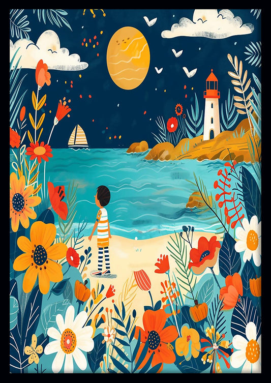 Whimsical Beach Scene with Lighthouse Canvas Art & Poster – T702 – AiPrintLab