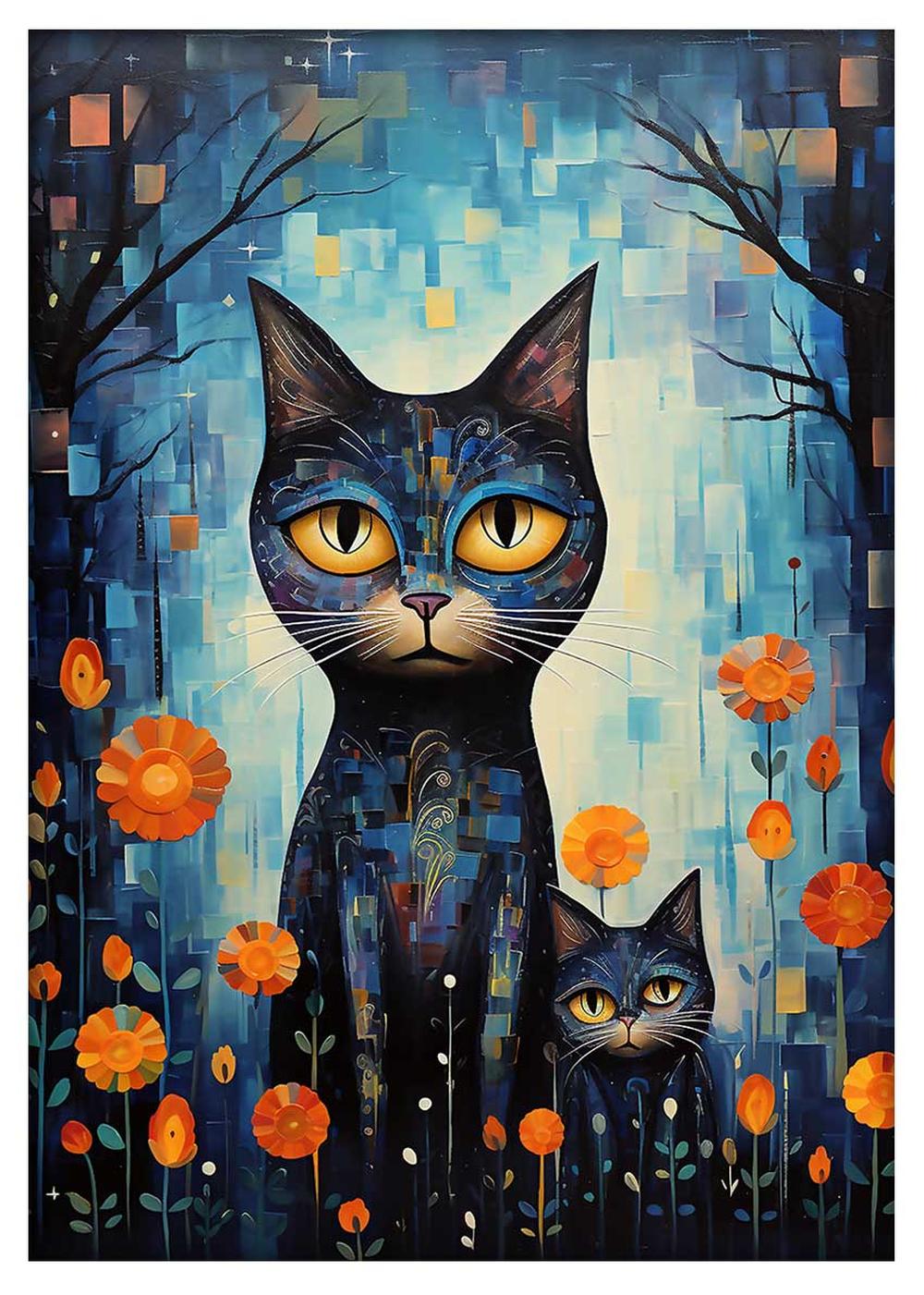 Whimsical Cats with Orange Flowers Abstract Canvas Art & Poster – T707 – AiPrintLab