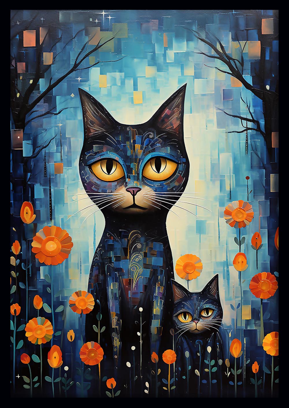 Whimsical Cats with Orange Flowers Abstract Canvas Art & Poster – T707 – AiPrintLab