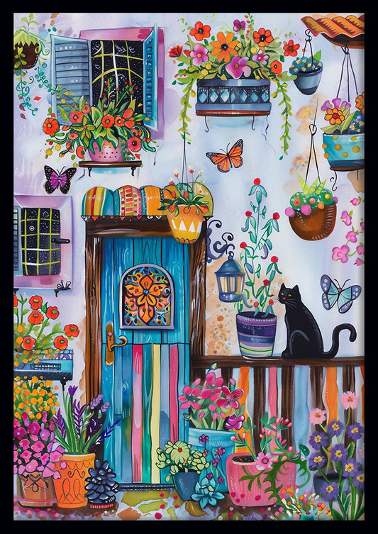 Whimsical Garden Doorstep – Colorful Floral Cat Scene Canvas Art – T881 – AiPrintLab