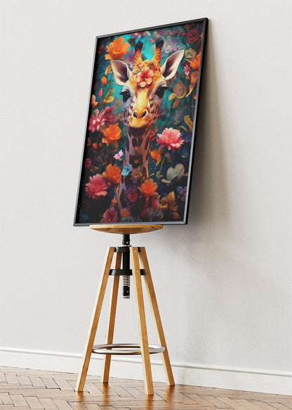 Whimsical Giraffe in Flower Garden Poster & Canvas Print – Colourful Fantasy Animal Art