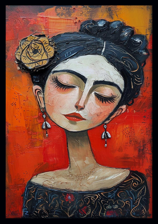 Whimsical Woman with Golden Rose – Textured Portrait Canvas & Poster Wall Art – T1146 – AiPrintLab