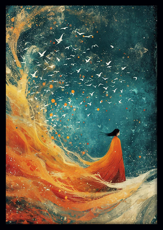 Whispers of Flight – Abstract Woman & Birds Canvas & Poster Art – T811 – AiPrintLab