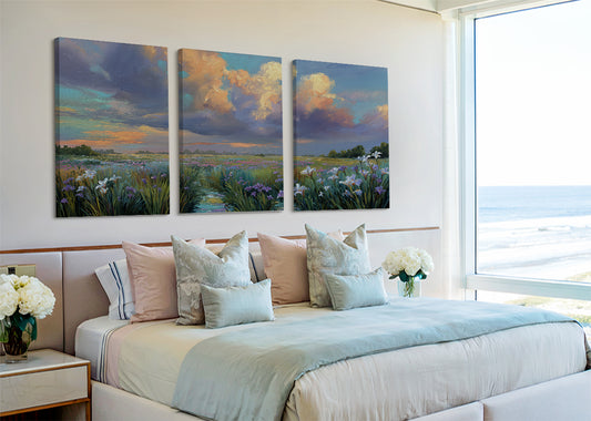 Wildflower Meadow Sunset Canvas Wall Art – Single & 3 Panel Split – AI PRINT LAB