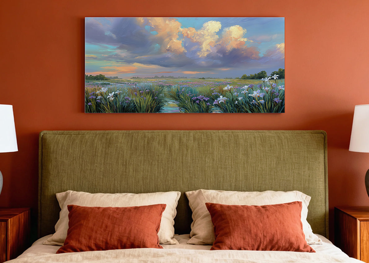 Wildflower Meadow Sunset Canvas Wall Art – Single & 3 Panel Split – AI PRINT LAB