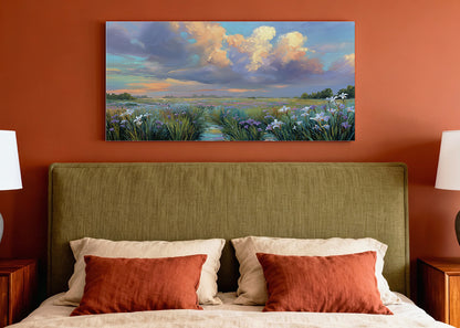 Wildflower Meadow Sunset Canvas Wall Art – Single & 3 Panel Split – AI PRINT LAB