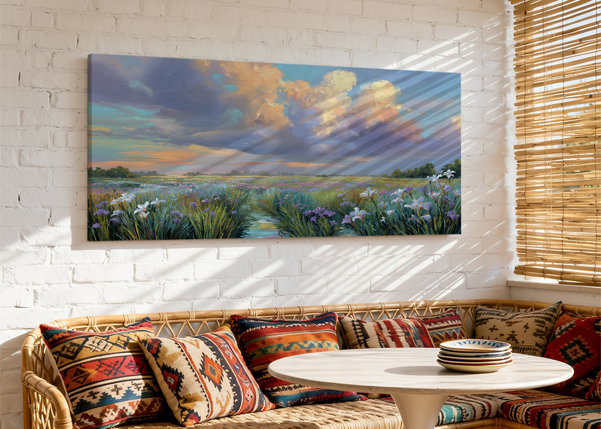 Wildflower Meadow Sunset Canvas Wall Art – Single & 3 Panel Split – AI PRINT LAB