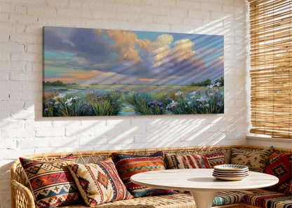 Wildflower Meadow Sunset Canvas Wall Art – Single & 3 Panel Split – AI PRINT LAB