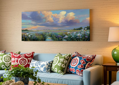 Wildflower Meadow Sunset Canvas Wall Art – Single & 3 Panel Split – AI PRINT LAB