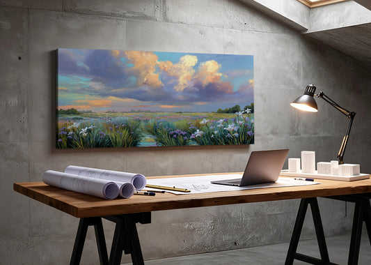 Wildflower Meadow Sunset Canvas Wall Art – Single & 3 Panel Split – AI PRINT LAB