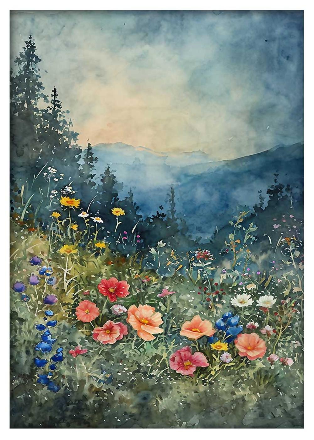 Wildflower Meadow in Misty Mountains Poster & Canvas Art – T778 – AiPrintLab