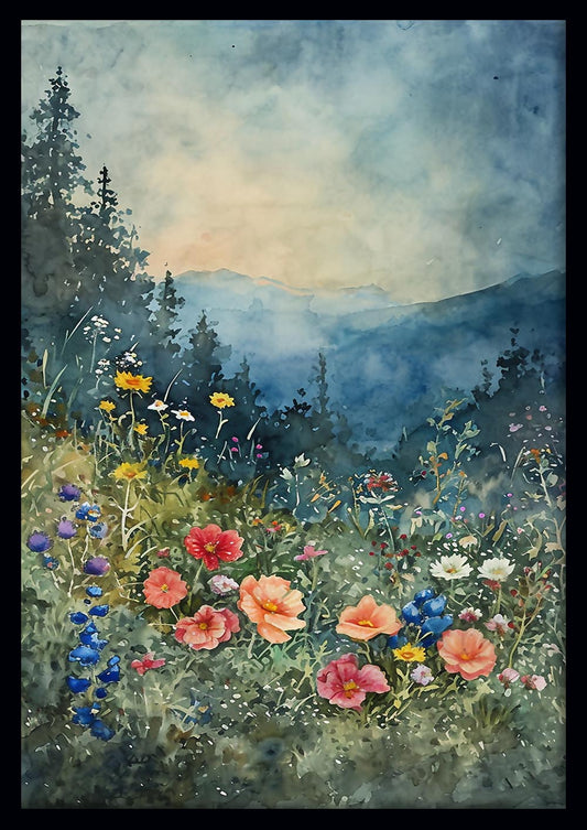 Wildflower Meadow in Misty Mountains Poster & Canvas Art – T778 – AiPrintLab