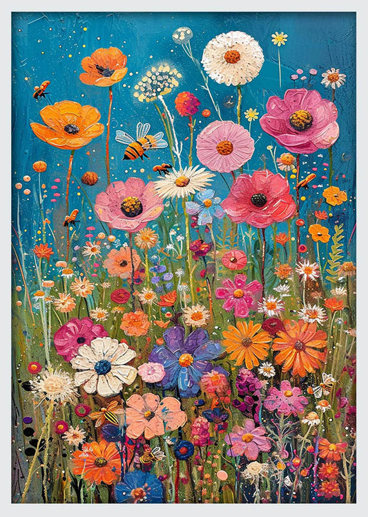 Wildflower Meadow with Bees – Vibrant Floral Canvas & Poster Wall Art – T1151 – AiPrintLab