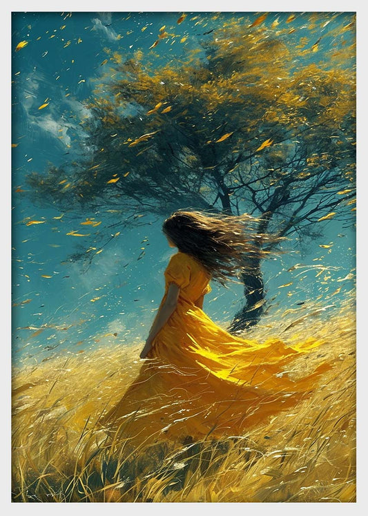 Windblown Serenity Woman in Golden Field Canvas Art Print & Poster – T1460 –