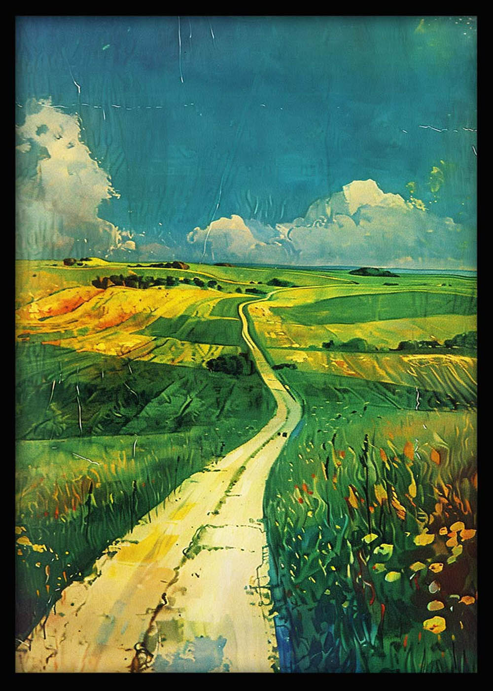 Winding Country Road – Scenic Green Field Landscape Canvas & Poster Art – T1239 – AiPrintLab
