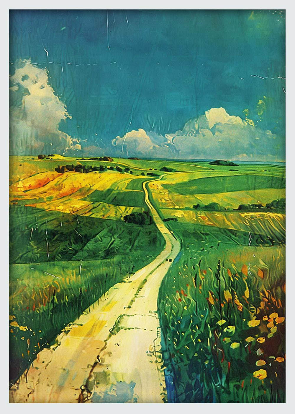 Winding Country Road – Scenic Green Field Landscape Canvas & Poster Art – T1239 – AiPrintLab