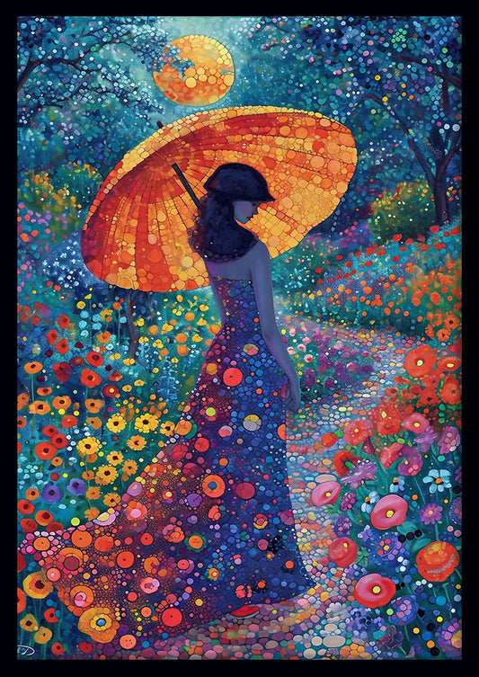 Woman with Parasol in Blooming Garden – Dreamy Floral Canvas & Poster Art – T906 – AiPrintLab