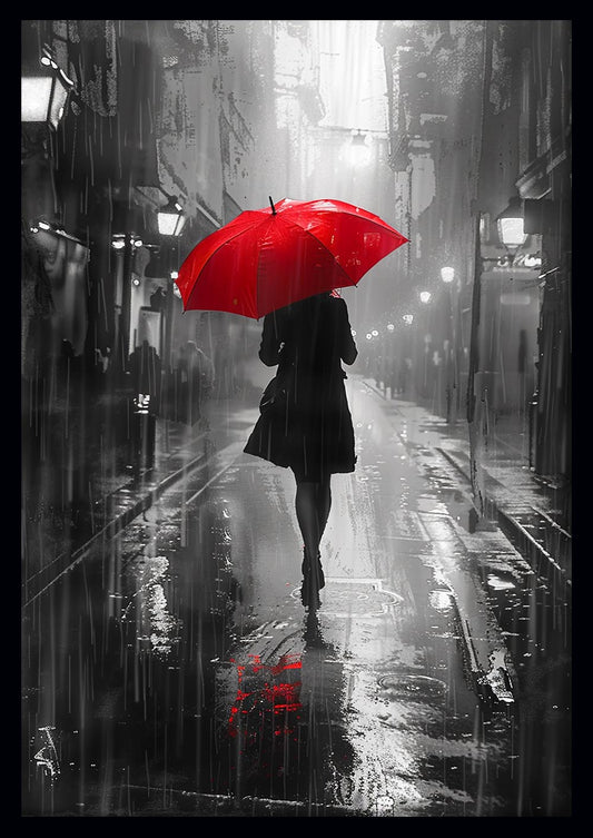 Woman with Red Umbrella – Black & White Rainy Street Canvas Art – T963 – AiPrintLab