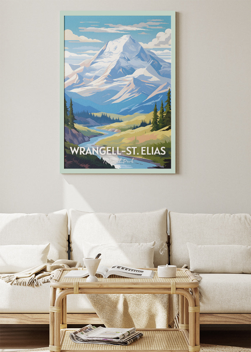 Wrangell–St. Elias National Park Poster & Canvas Print – Illustrated Alaska Mountain Landscape Wall Art