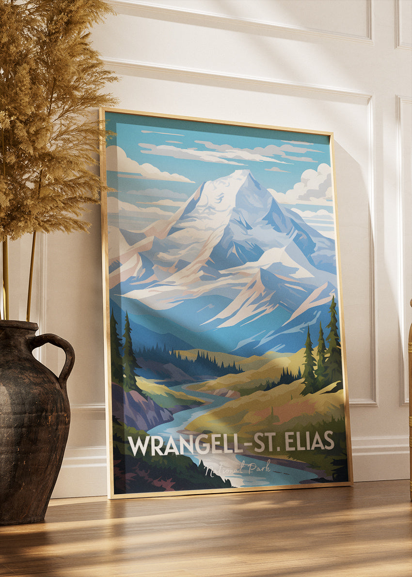 Wrangell–St. Elias National Park Poster & Canvas Print – Illustrated Alaska Mountain Landscape Wall Art