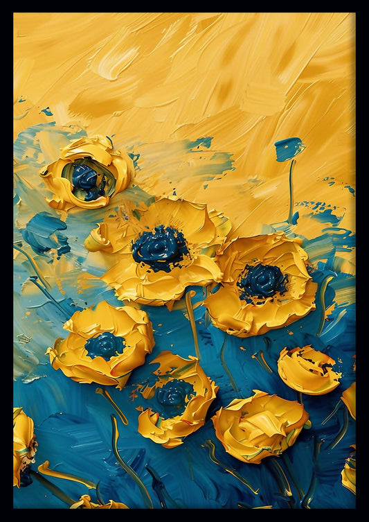 Yellow & Blue Abstract Floral Textured Art – Canvas & Poster Wall Print – T917 – AiPrintLab