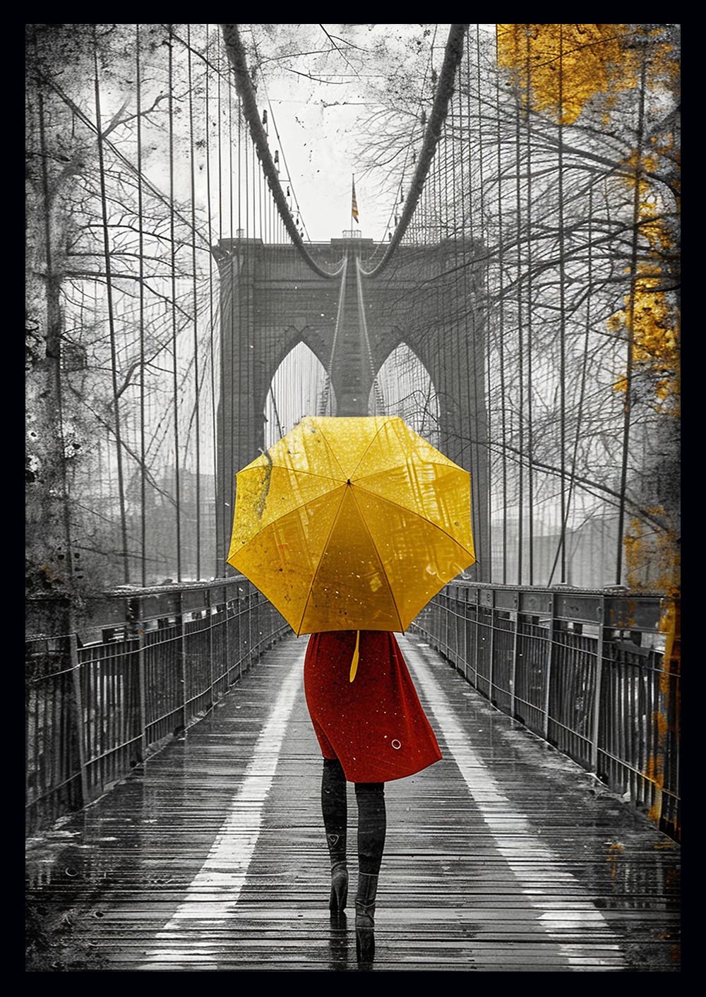 Yellow Umbrella on Bridge – Dramatic Black & White Rainy City Canvas Print – T1003 – AiPrintLab