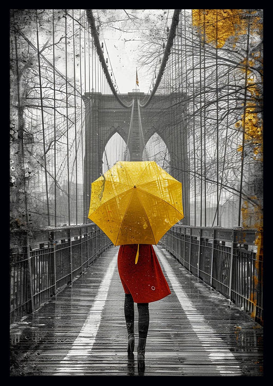 Yellow Umbrella on Bridge – Dramatic Black & White Rainy City Canvas Print – T1003 – AiPrintLab