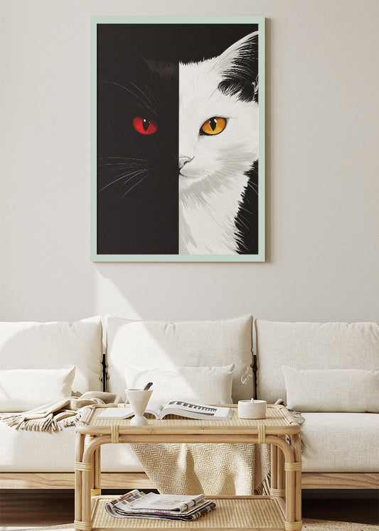 Yin Yang Cat Wall Art Poster & Canvas Print – Black and White Modern Cat Artwork