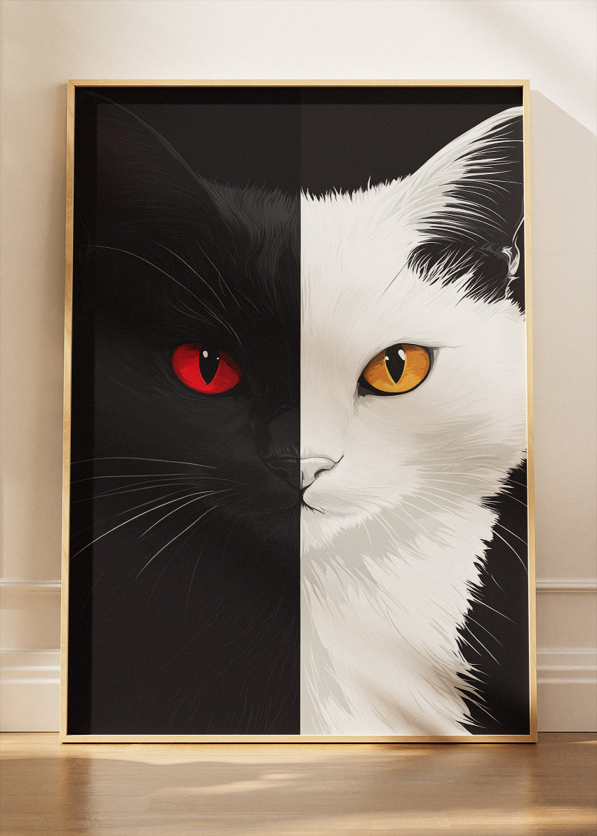 Yin Yang Cat Wall Art Poster & Canvas Print – Black and White Modern Cat Artwork