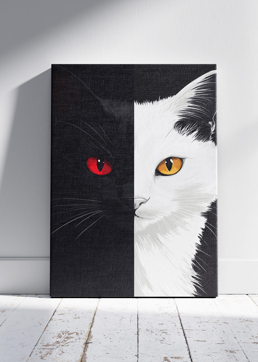 Yin Yang Cat Wall Art Poster & Canvas Print – Black and White Modern Cat Artwork