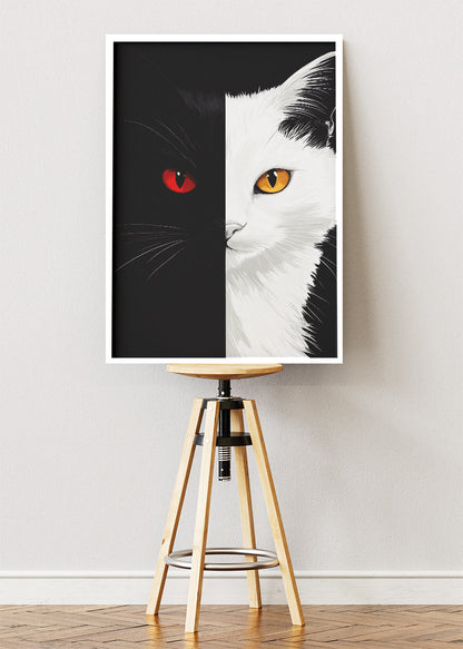 Yin Yang Cat Wall Art Poster & Canvas Print – Black and White Modern Cat Artwork
