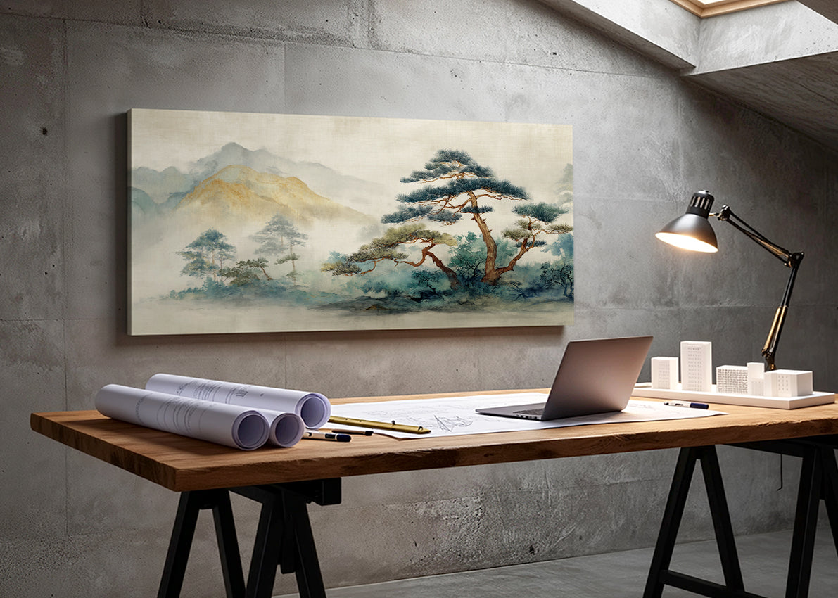Zen Mountain Pine Landscape Canvas Wall Art – Single & 3 Panel Split – AI PRINT LAB